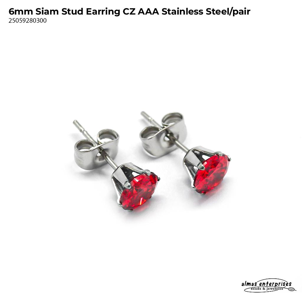 Stud Earring Siam CZ AAA Stainless Steel/pair