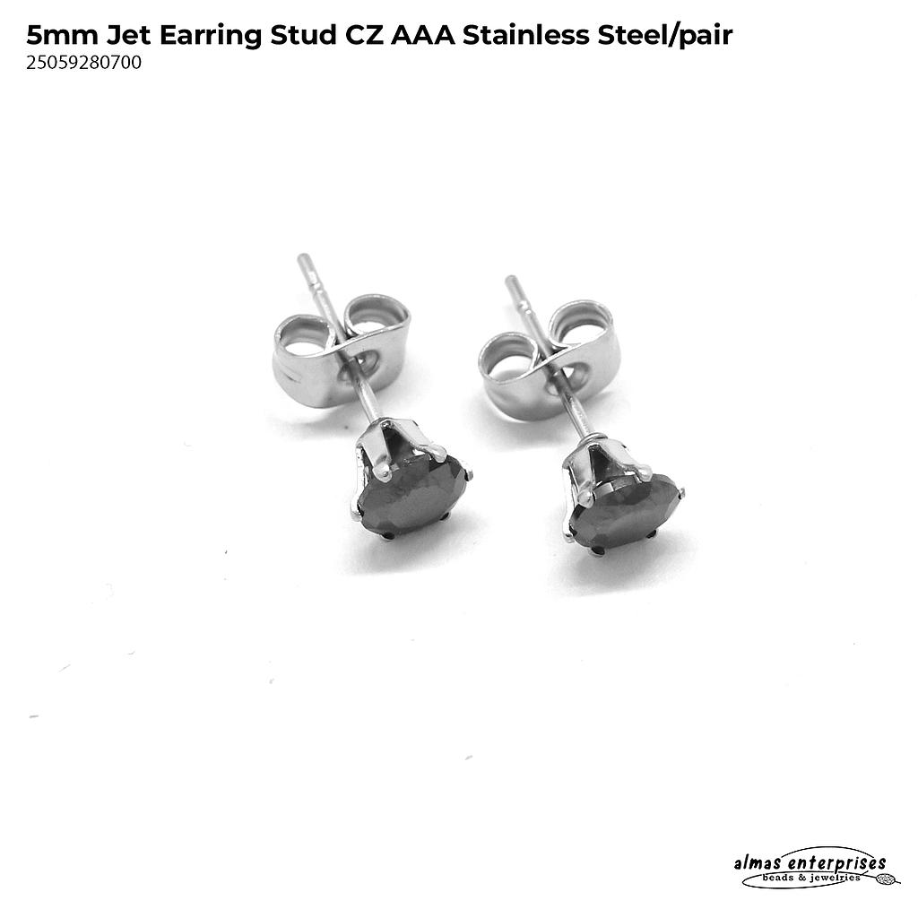 Stud Earring Jet CZ AAA Stainless Steel/pair