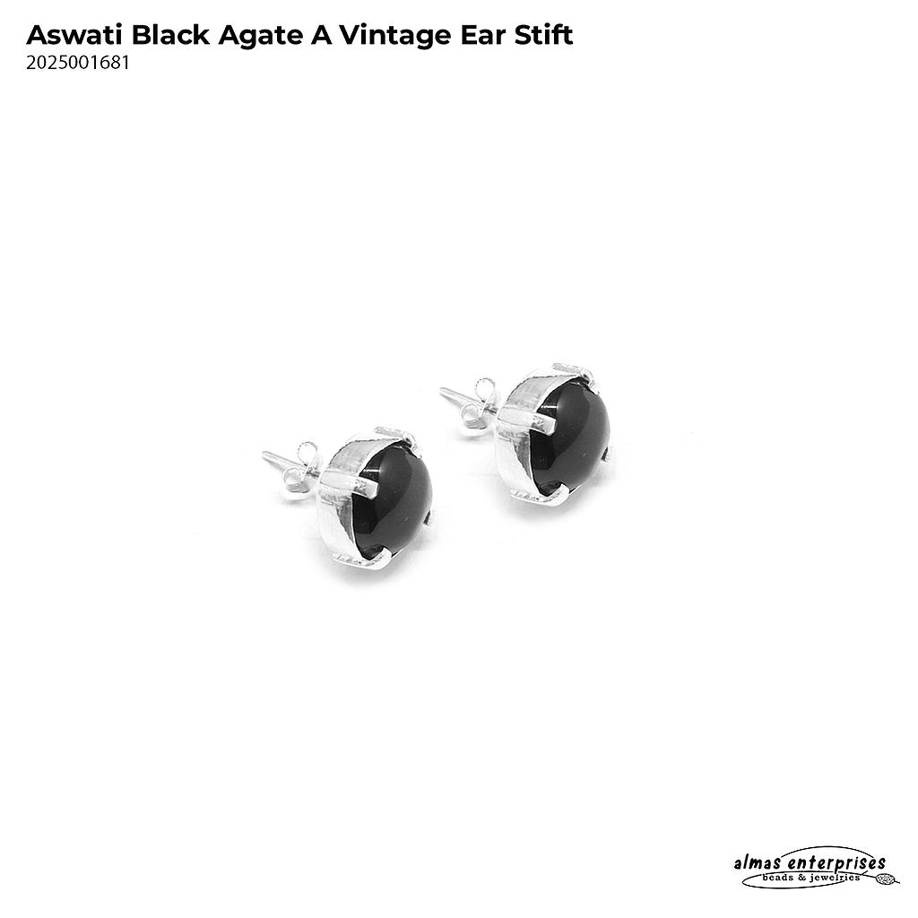 Aswati Black Agate Vintage Earr Stift Silver 925